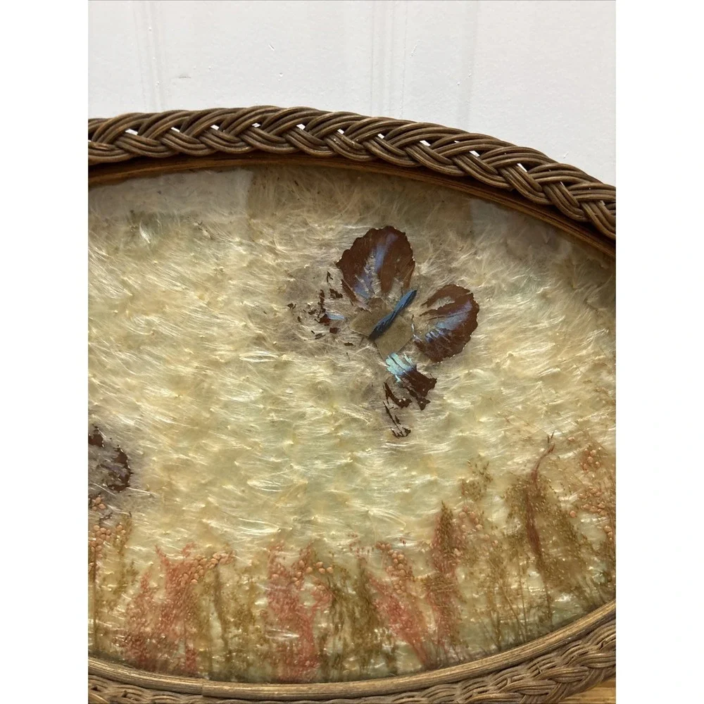 Wicker Oval Serving Tray Real Pressed Butterfly Dried Flower Vintage Glass 19